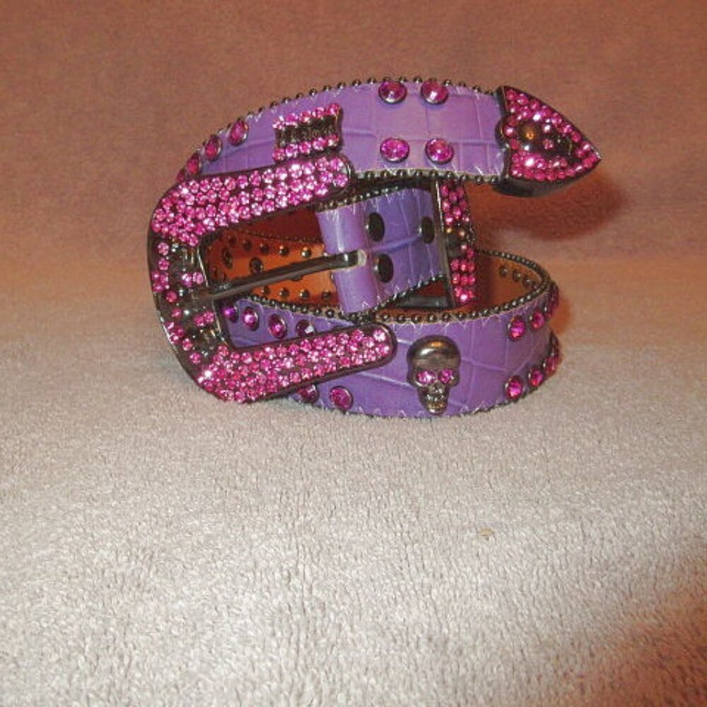 BB Simon Skull Belt Size 34 Swarovski Crystals Bling Leather Goth Rocker Biker